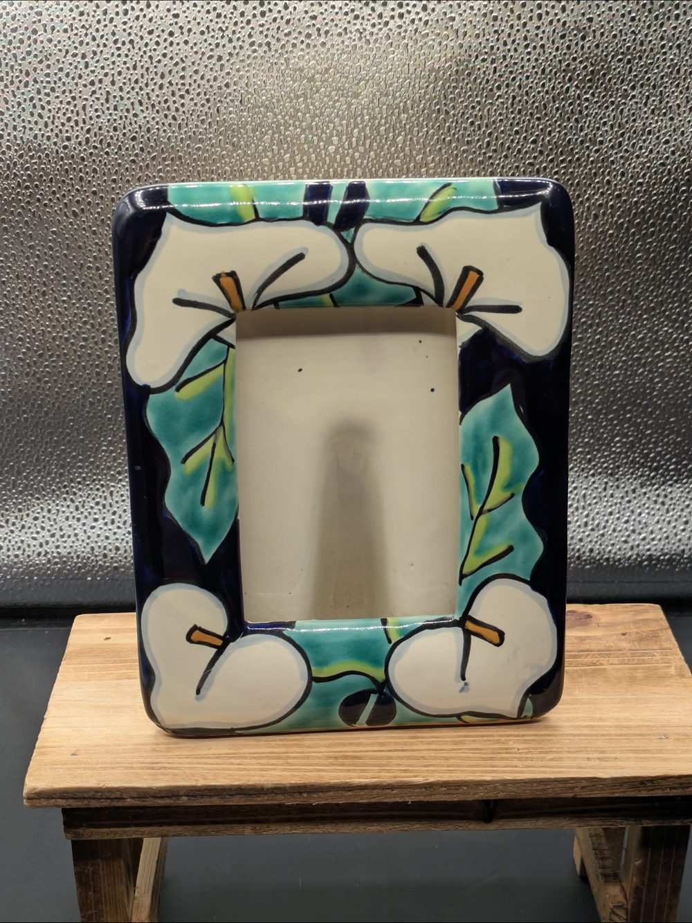 Hand-Painted Ceramic Floral Picture Frame in Teal & Navy Talavera Calla Lilies